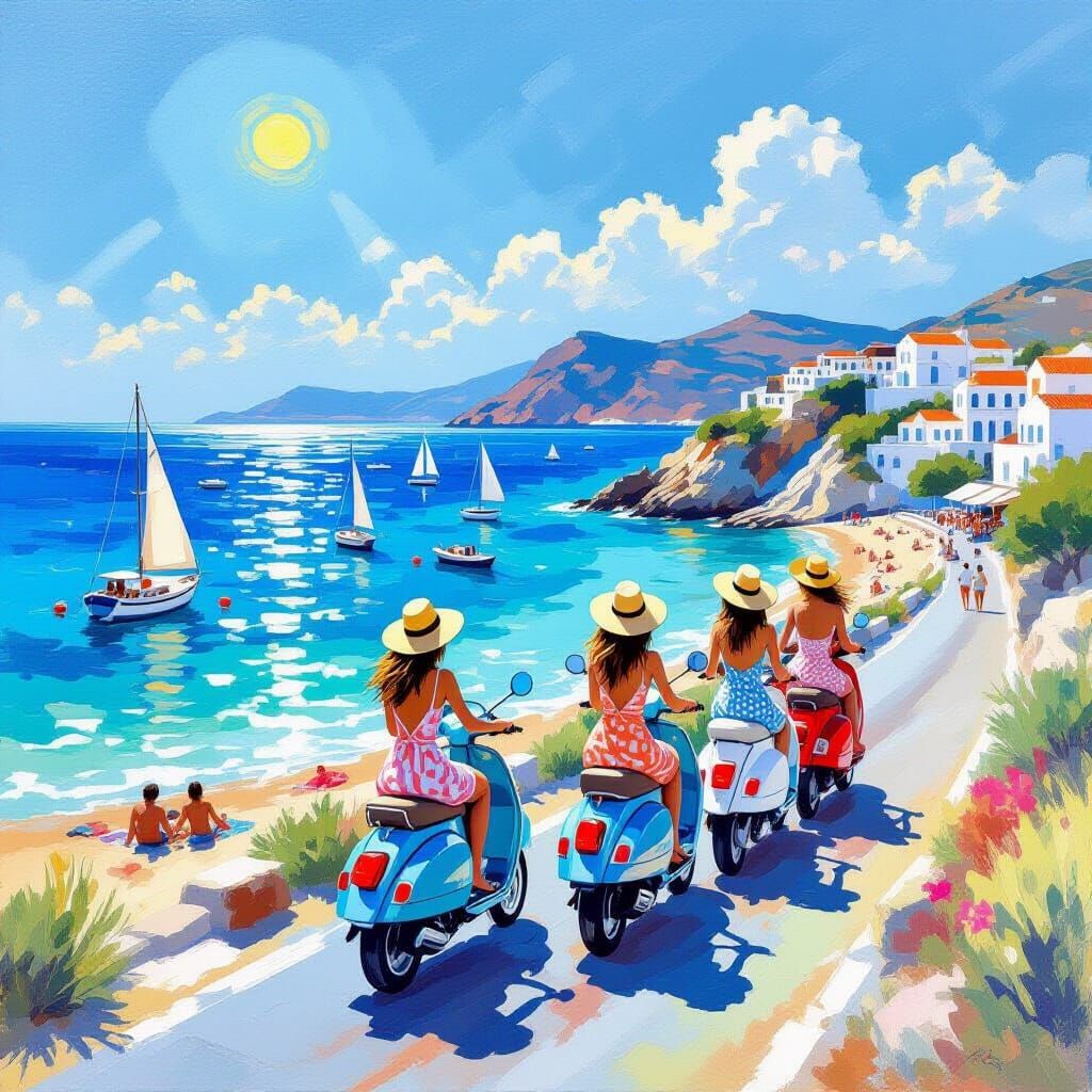 Three Women Ride Vespas on Greek Island Coastal Road