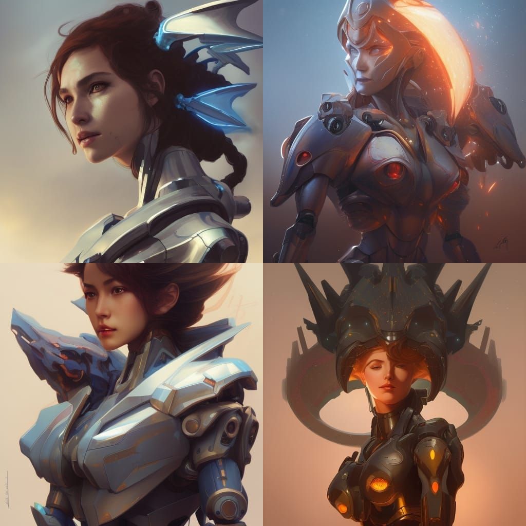 Mecha Female Dragon Hunter Portrait in Art Nouveau Style