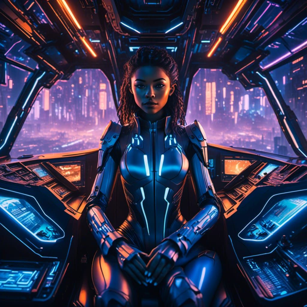 Cybernetic Pilot in Futuristic Spaceship Cockpit