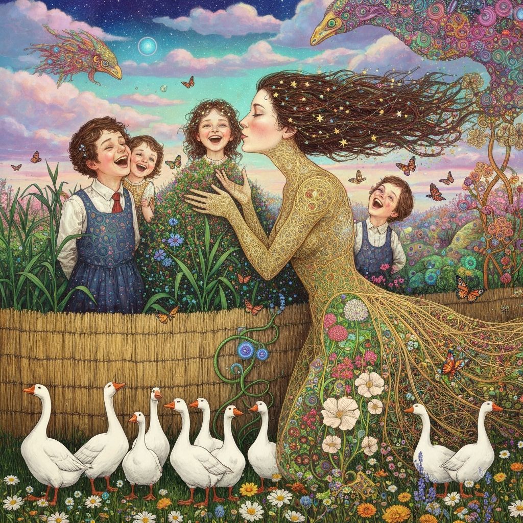 Folkloric Robot and Geese in Surreal Eco-Art Garden