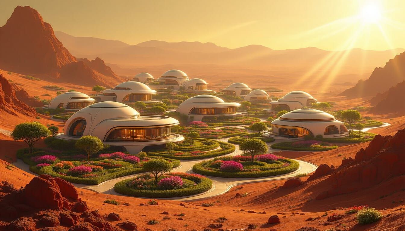 Futuristic Martian Colony with Lush Gardens in Digital Art S...