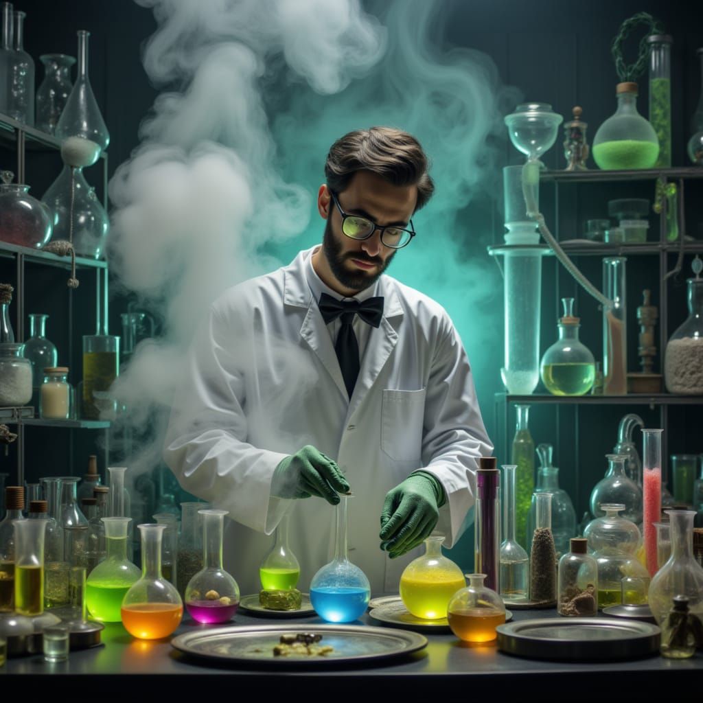 Scientist in Lab with Alien Parts and Colorful Chemicals