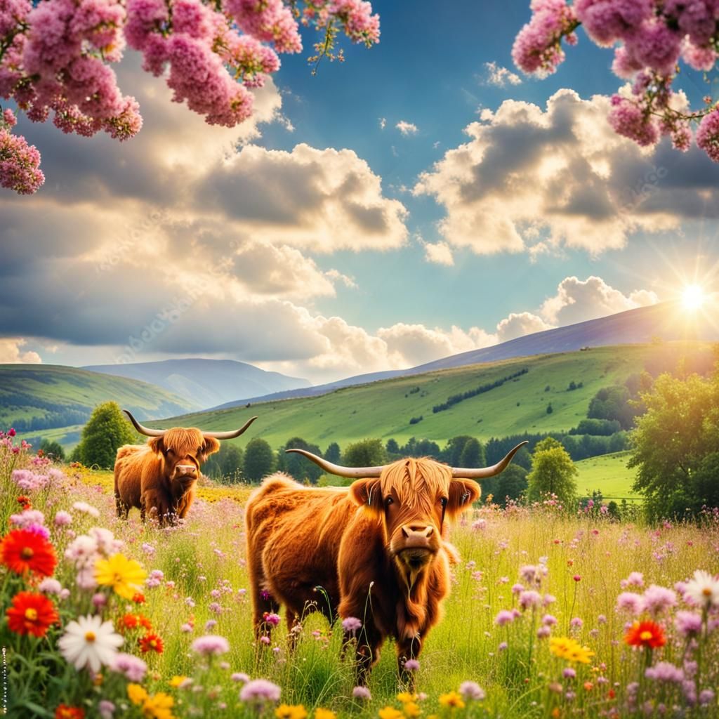 Highland Cows in a Sunny Flower Meadow