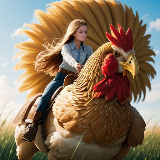 Girl Riding a Majestic Giant Chicken in a Sunny Field