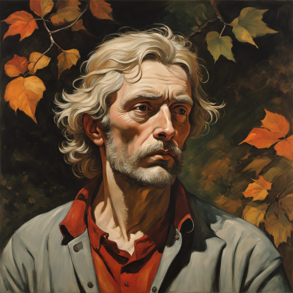 Man Contemplating Seasons in Muted Landscape Oil Painting