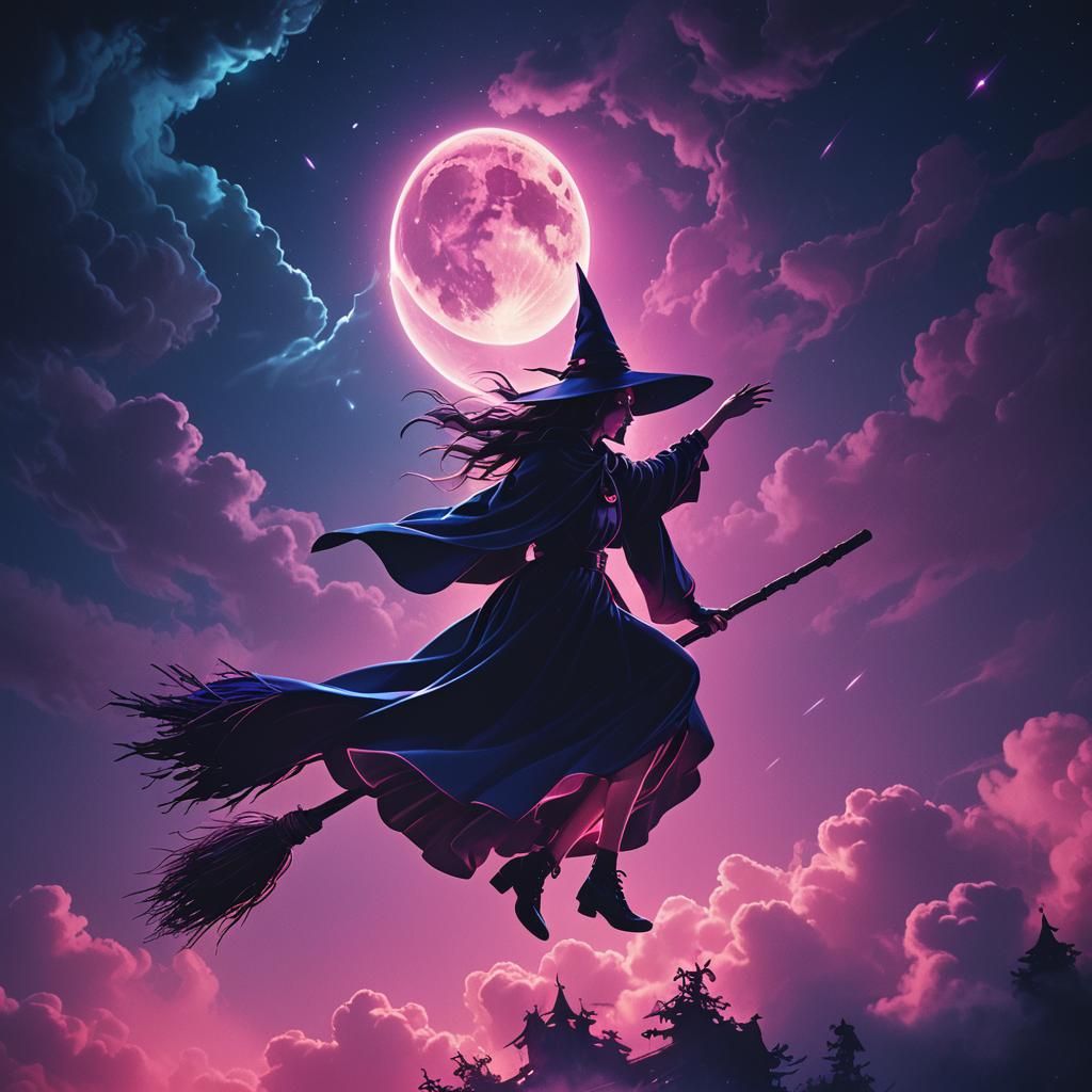 Synthwave Witch Silhouetted by Neon Moon