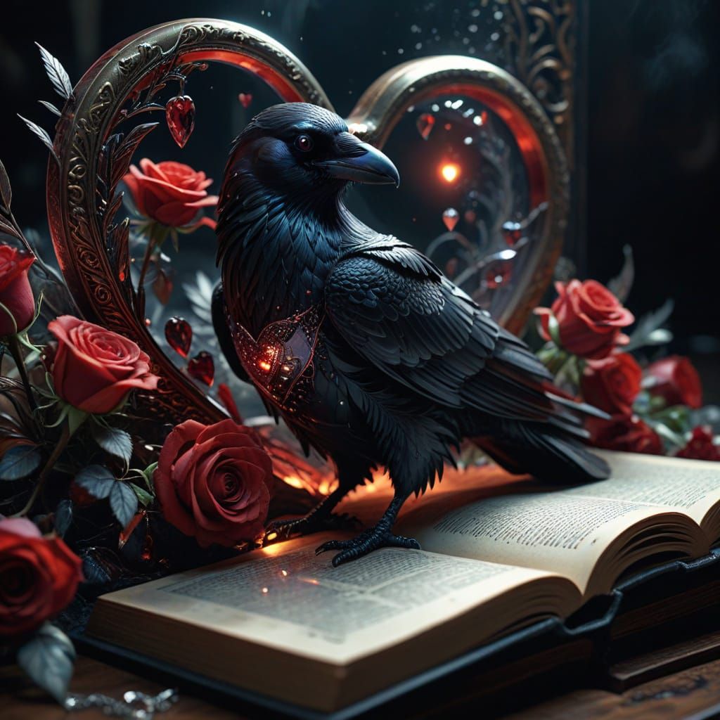 Dark Fantasy Raven & Crystal Heart Illustration