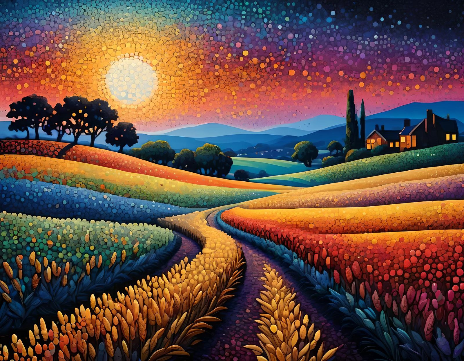 Pointillist Sunset Over Wheat Field at Twilight