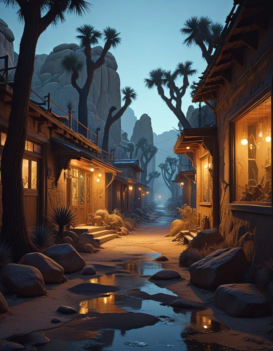 Ancient Joshua Tree Village in Eerie Bioluminescent Twilight