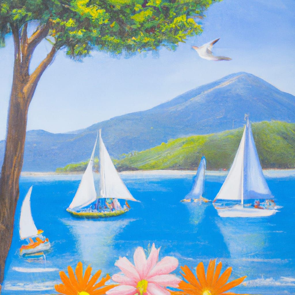 It's a beautiful day for sailing off a tropical island. (Oil painting)