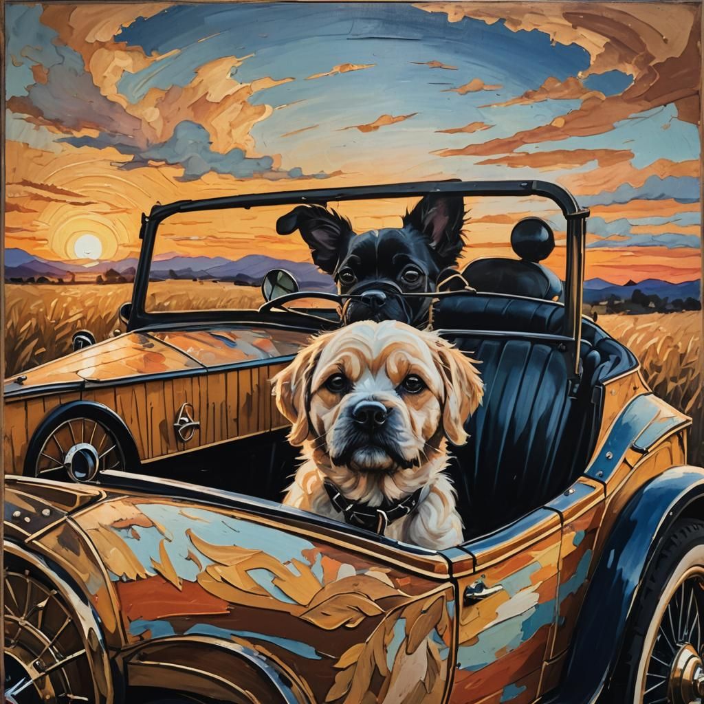 Dog with Human Face Driving Vintage Car