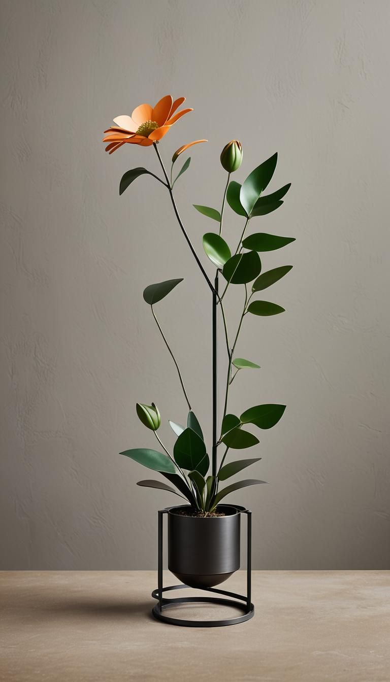 Industrial Chic Metal Sculpture with Flower Pot