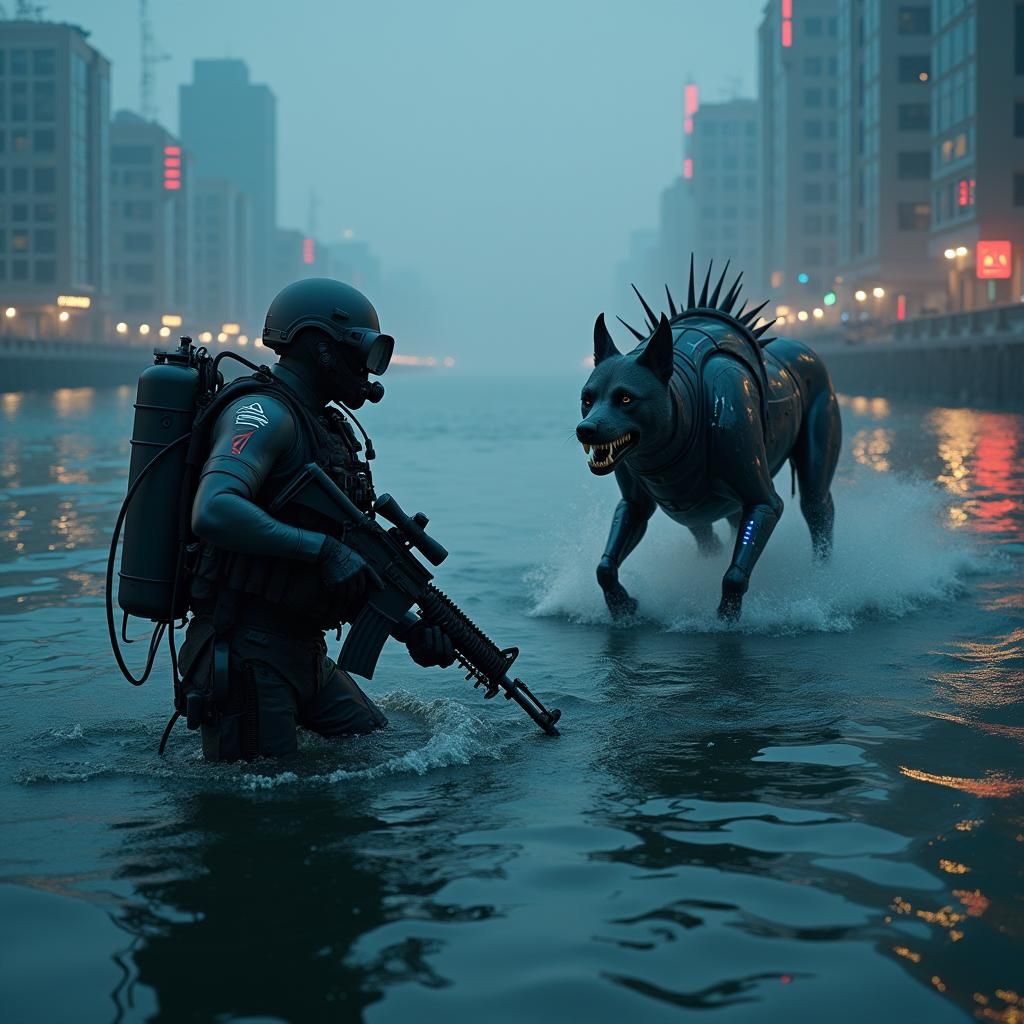 Marine Confronts Cybernetic Dog in Dark Cityscape