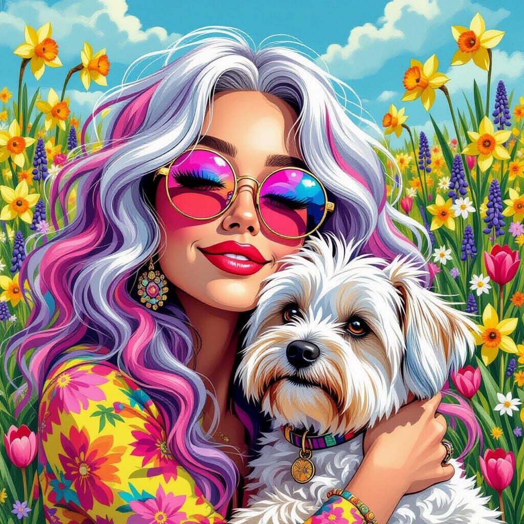 Psychedelic Hippie Woman Cuddles Dog in Floral Meadow