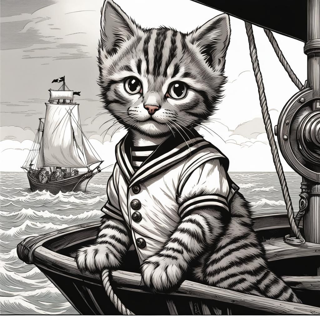 Tabby Kitten Sailor in Sailing Ship, Comic Book Art