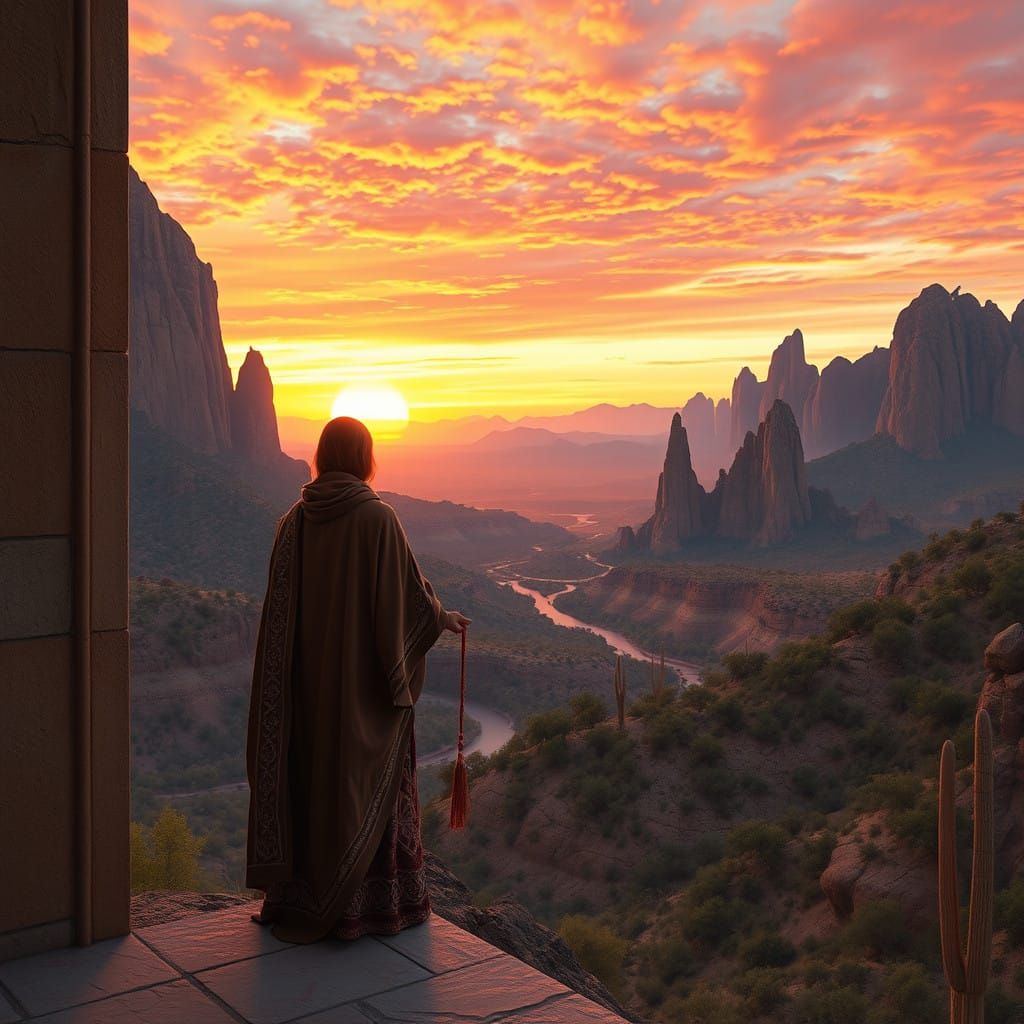 Figure in Earth-Toned Robes Admires Sunset in Desert Landsca...