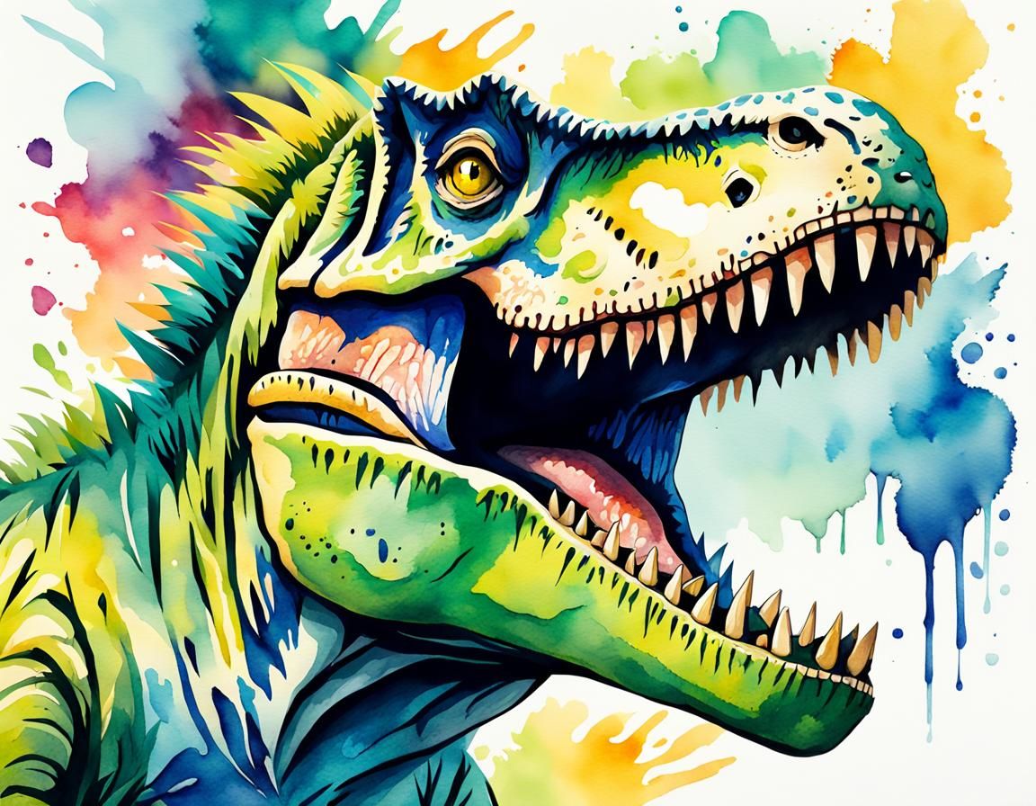 Zombie T-Rex Roars: Watercolor Illustration