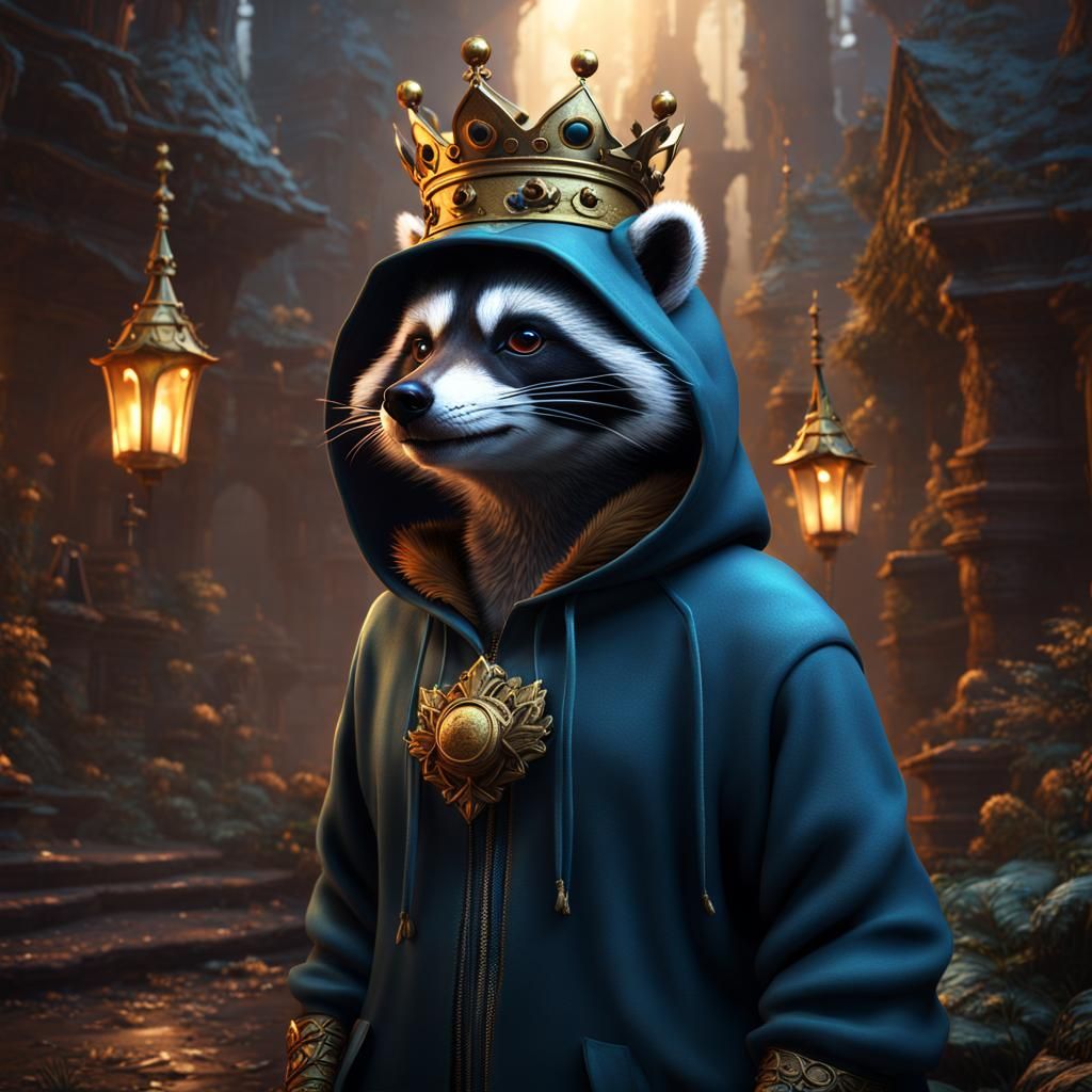 Raccoon with Crown and Hoodie: Detailed Matte Painting