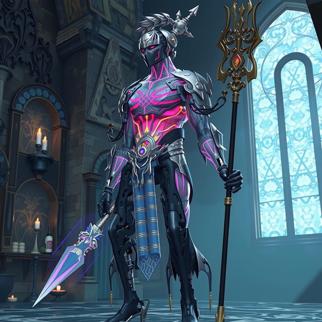 Medieval Automaton with Glowing Circuits in Anime Style