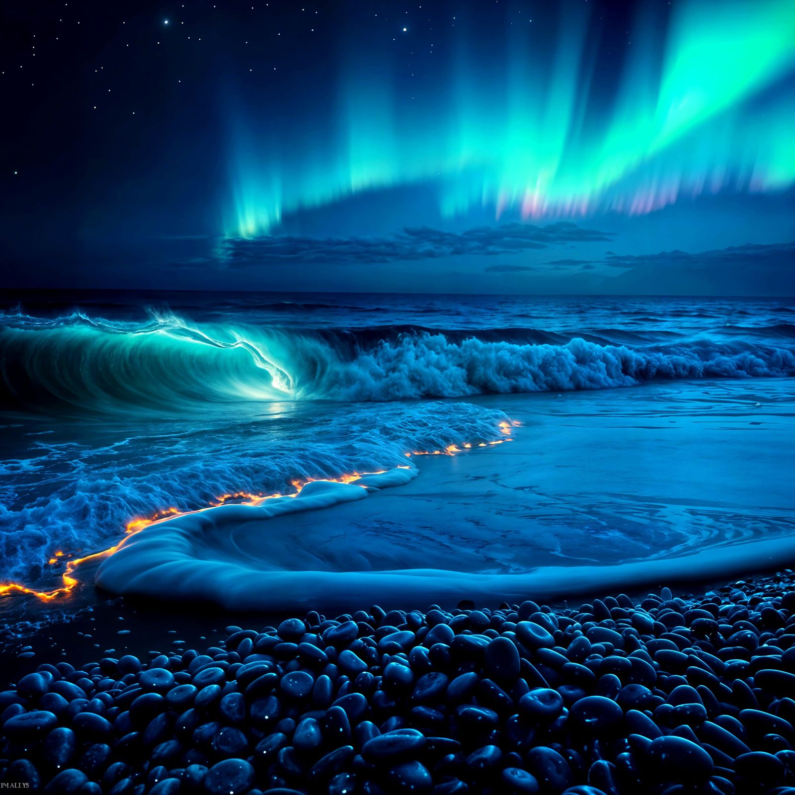 Ethereal Oceanic Scene with Shimmering Border of Light and A...