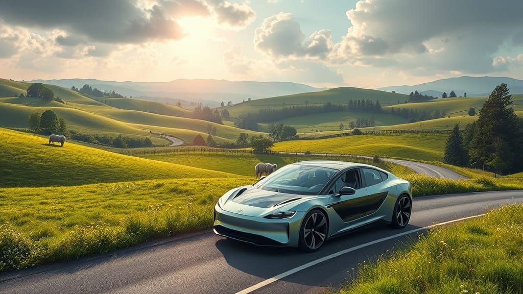 Futuristic Vehicle in Pastoral Countryside, Hyperrealistic S...