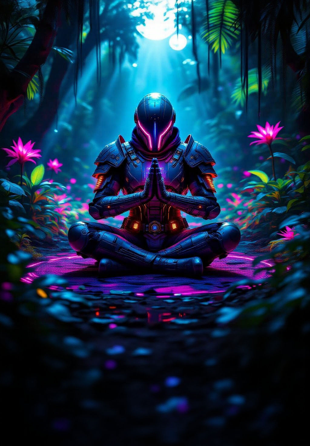 Cyberpunk Warrior Meditating in Ultraviolet Jungle
