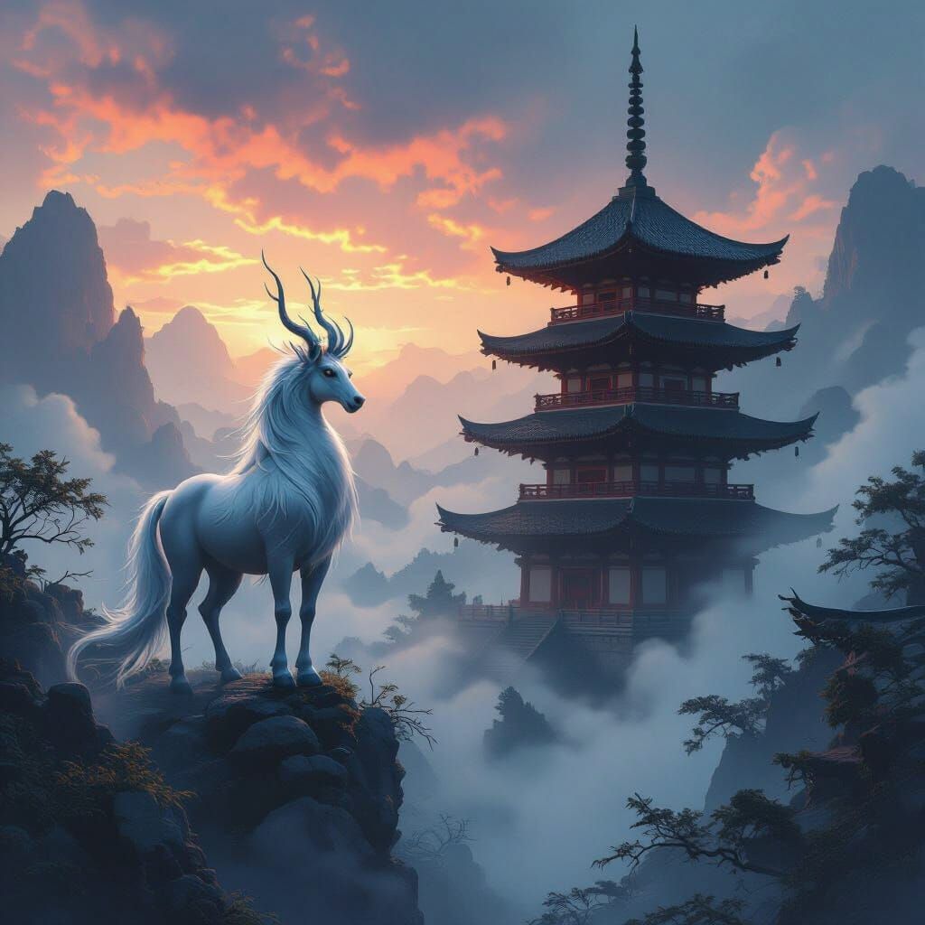 Mythical Kirin Beside Pagoda Temple in Matte Painting Style