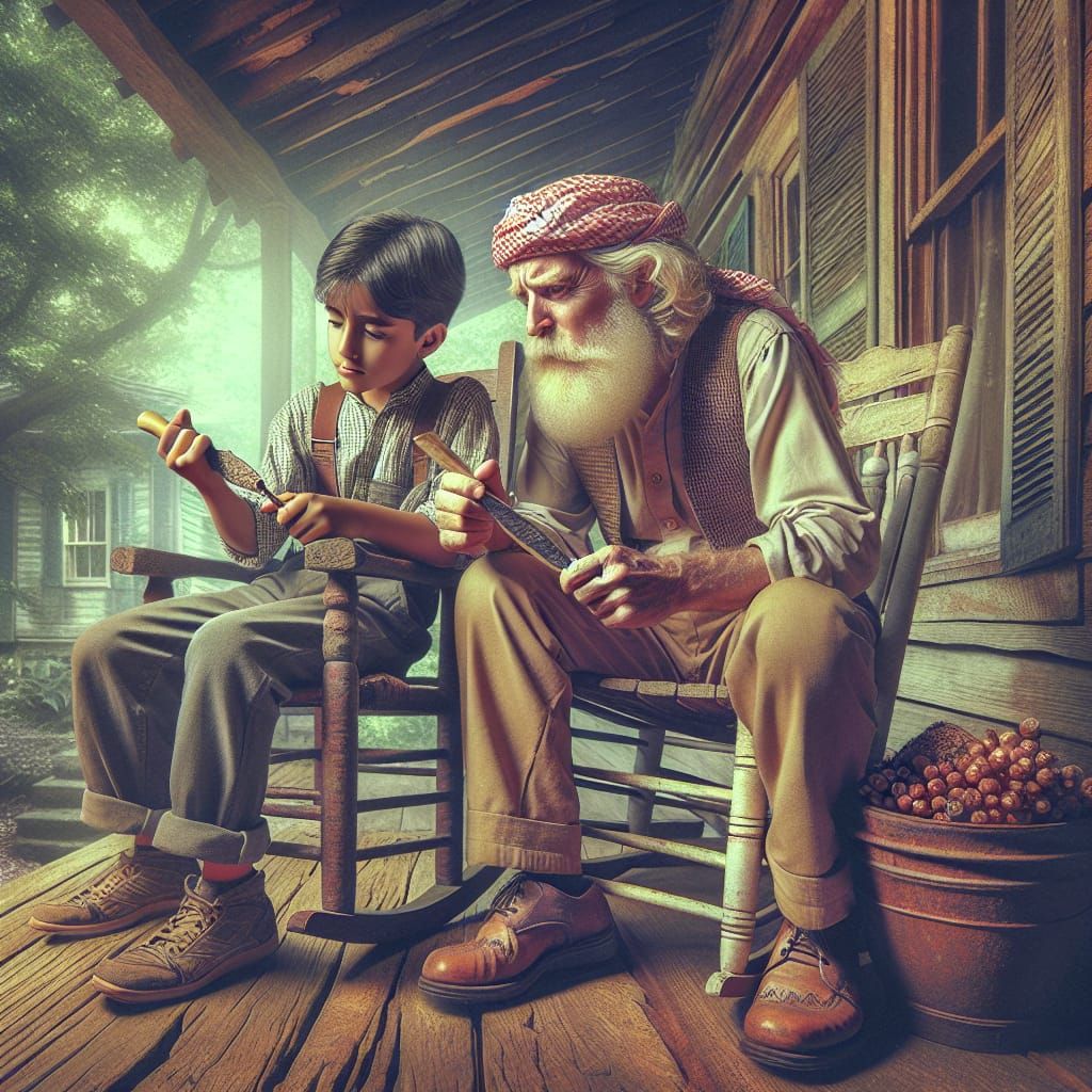 Rustic Whittle Master Teaching Protege, Hyperrealistic HDR