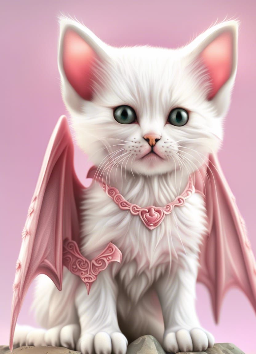 White Kitten with Pink Bat Wings in Ultra Realism
