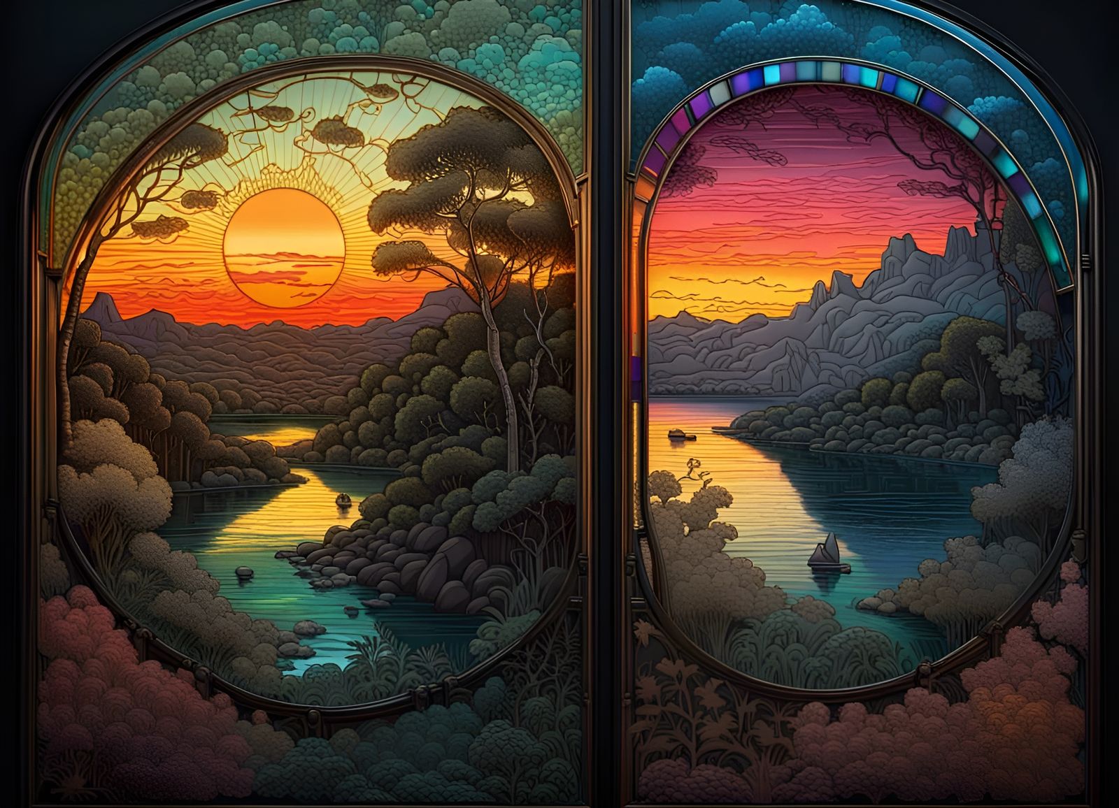 Colored Glass Landscape Etching: Morning and Night