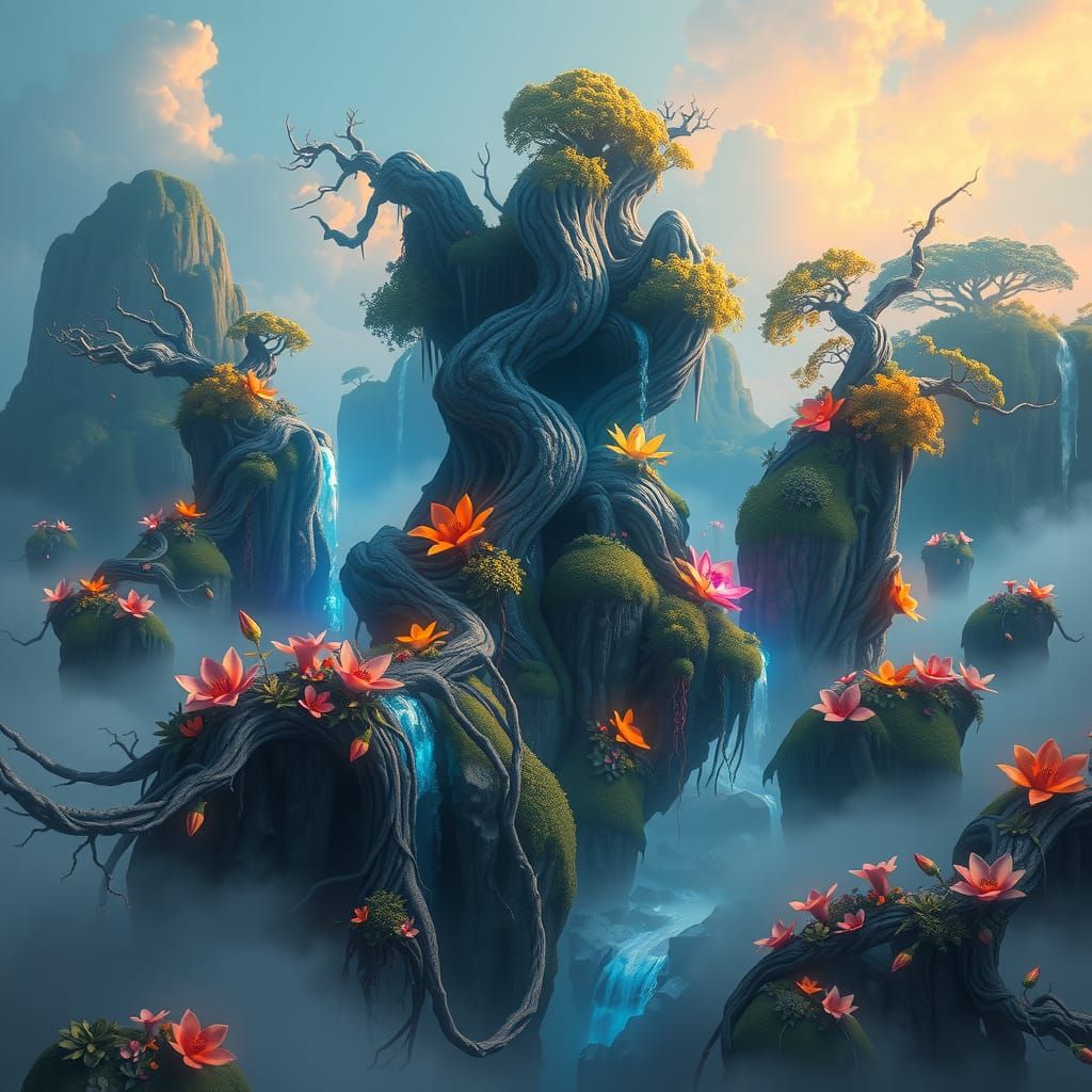 Lush Islands and Waterfalls in Fantasy Landscape