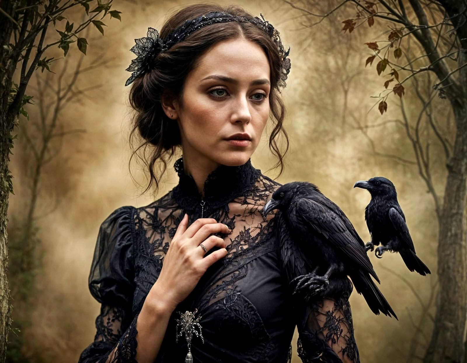 Ethereal Woman with Raven: Gothic Romance Portrait