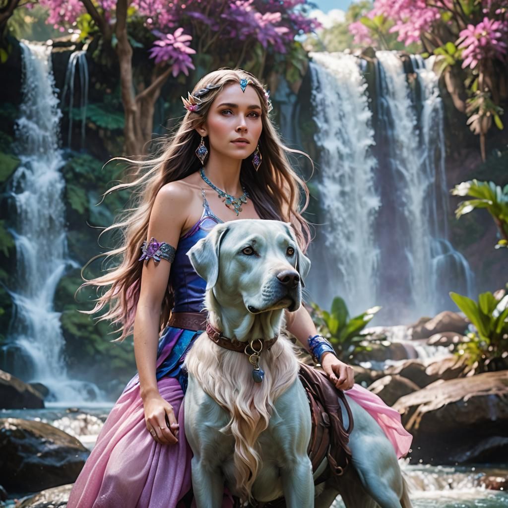 Elf Woman Rides Labrador by Tropical Waterfalls