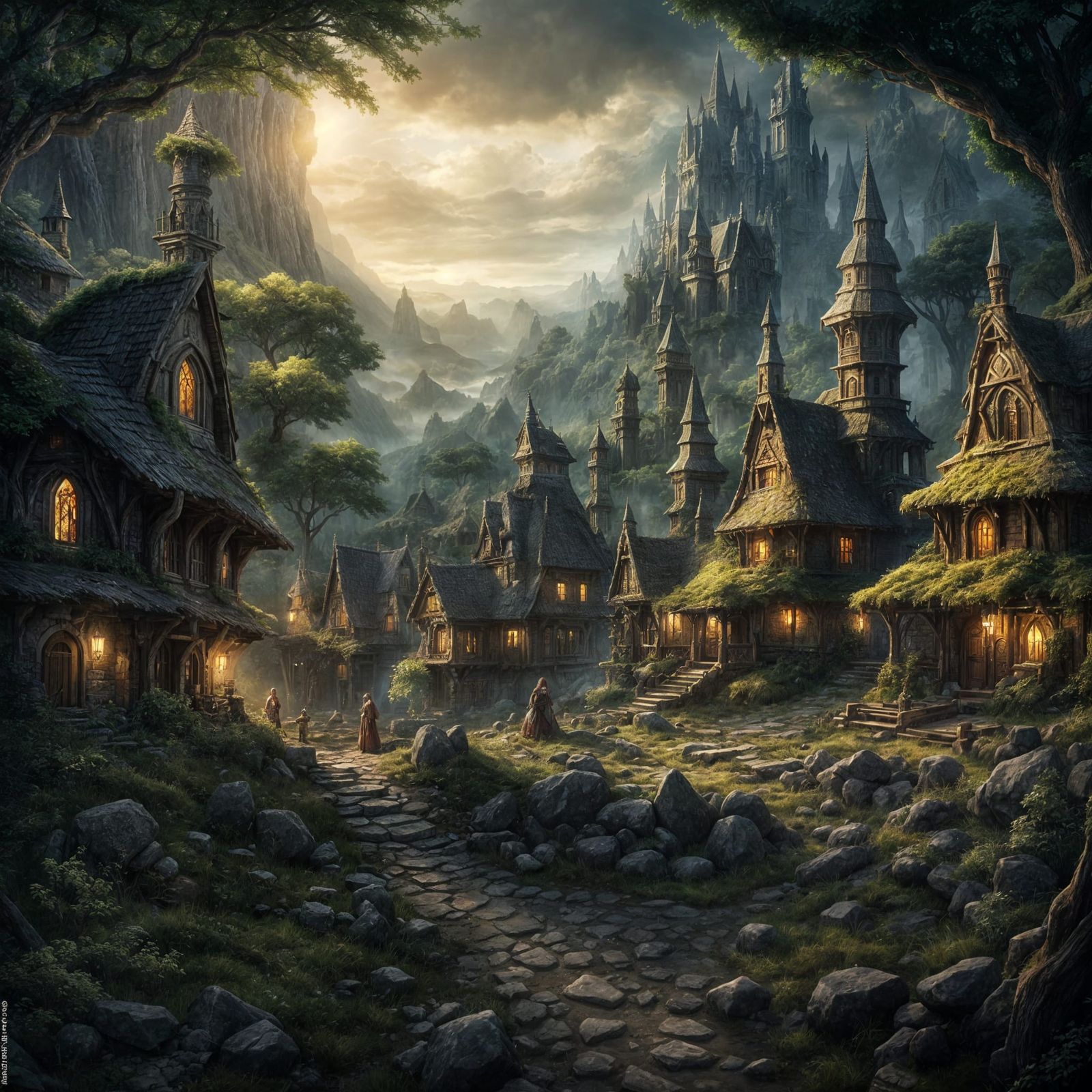 Elven Village in Abandoned Dwarven Ruins, Dark Fantasy