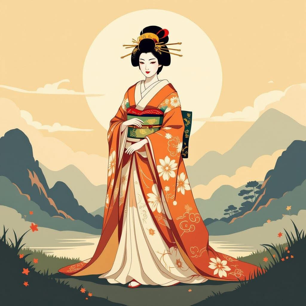 Amaterasu: Japanese Sun Goddess in Traditional Art Style