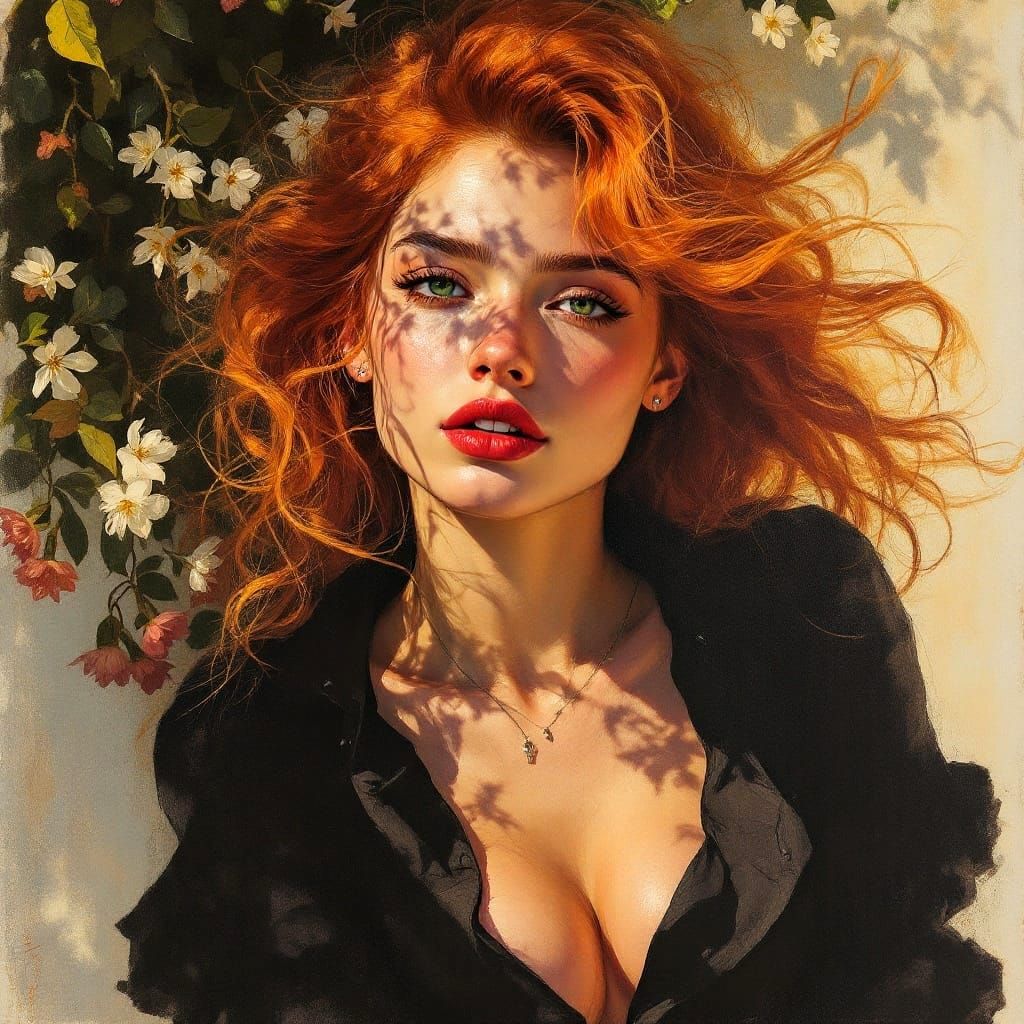 Ethereal Young Woman in Vibrant Red Hair and Green Eyes