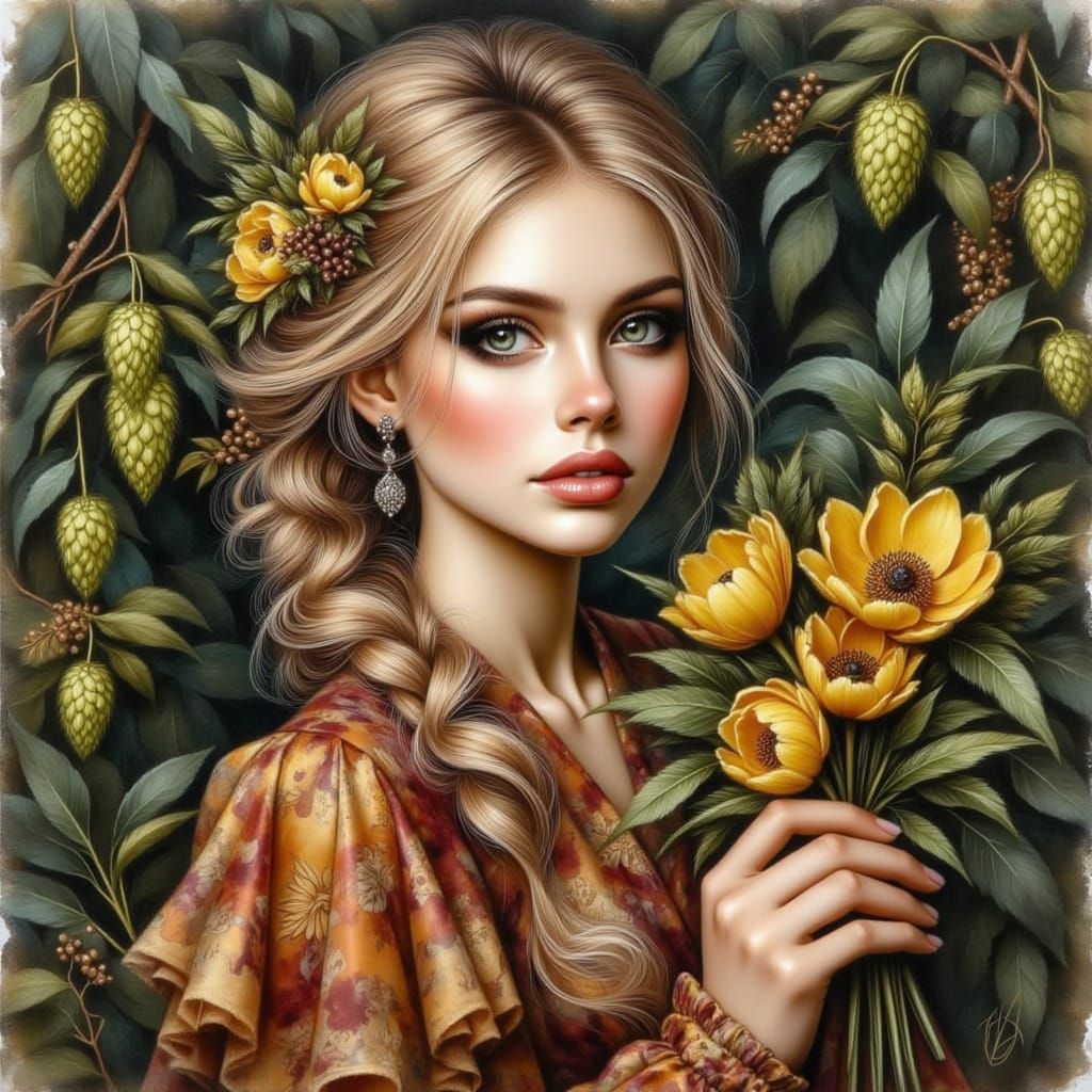 Blonde Girl with Flowers in Watercolor Acrylic Style