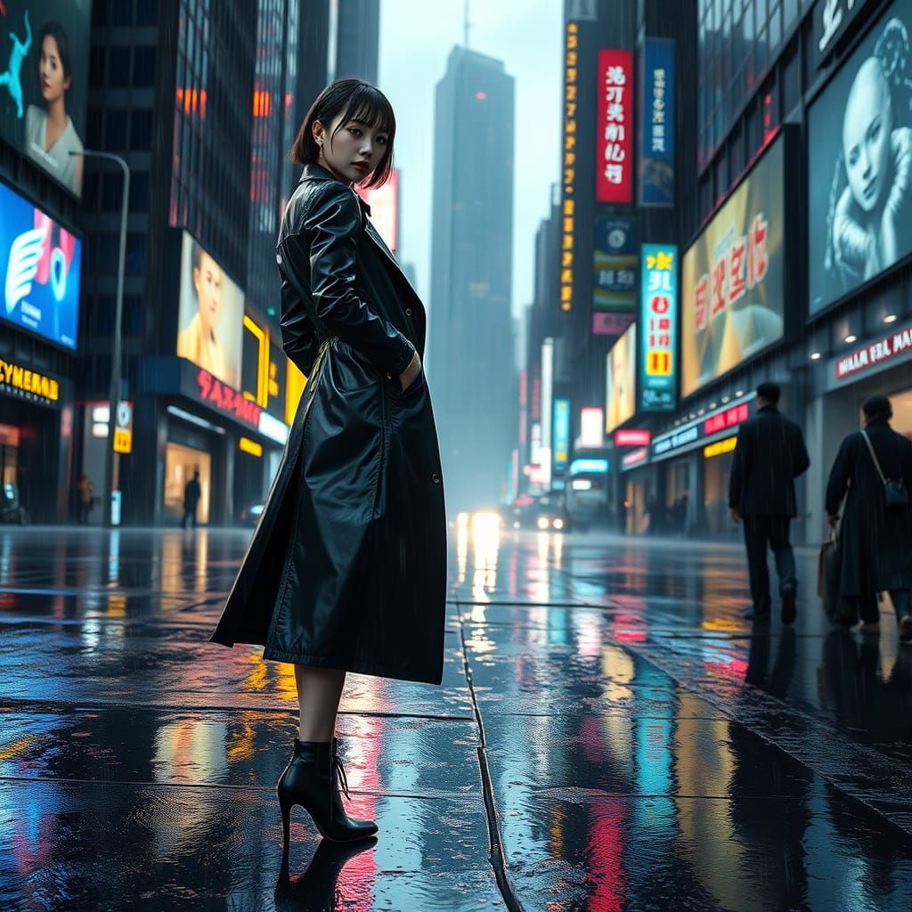 Cyberpunk Cityscape at Dusk with Asian Female Protagonist