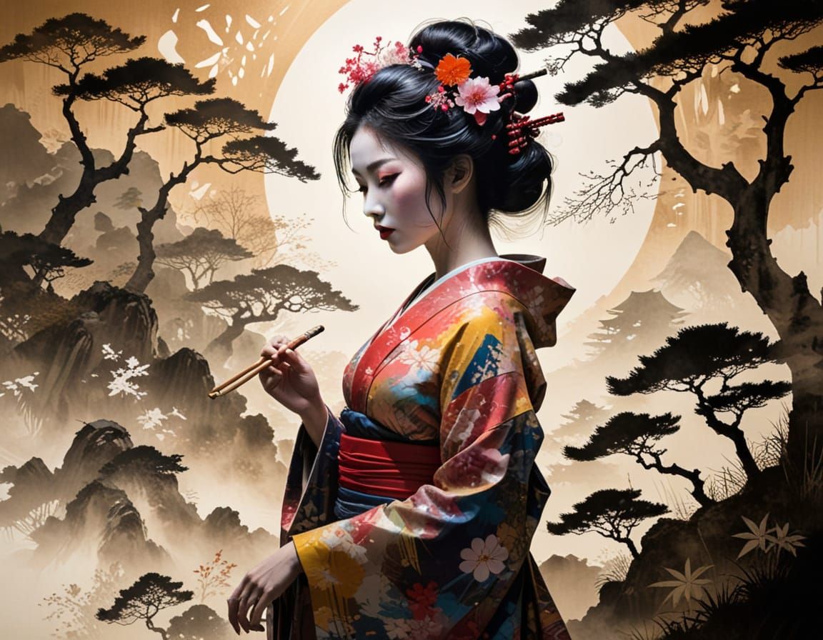 Geisha Silhouette with Japanese Landscape Art