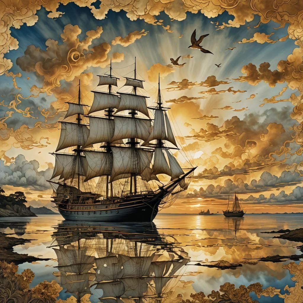 Golden Sunset Sailing Ship in Fantasy Art Style