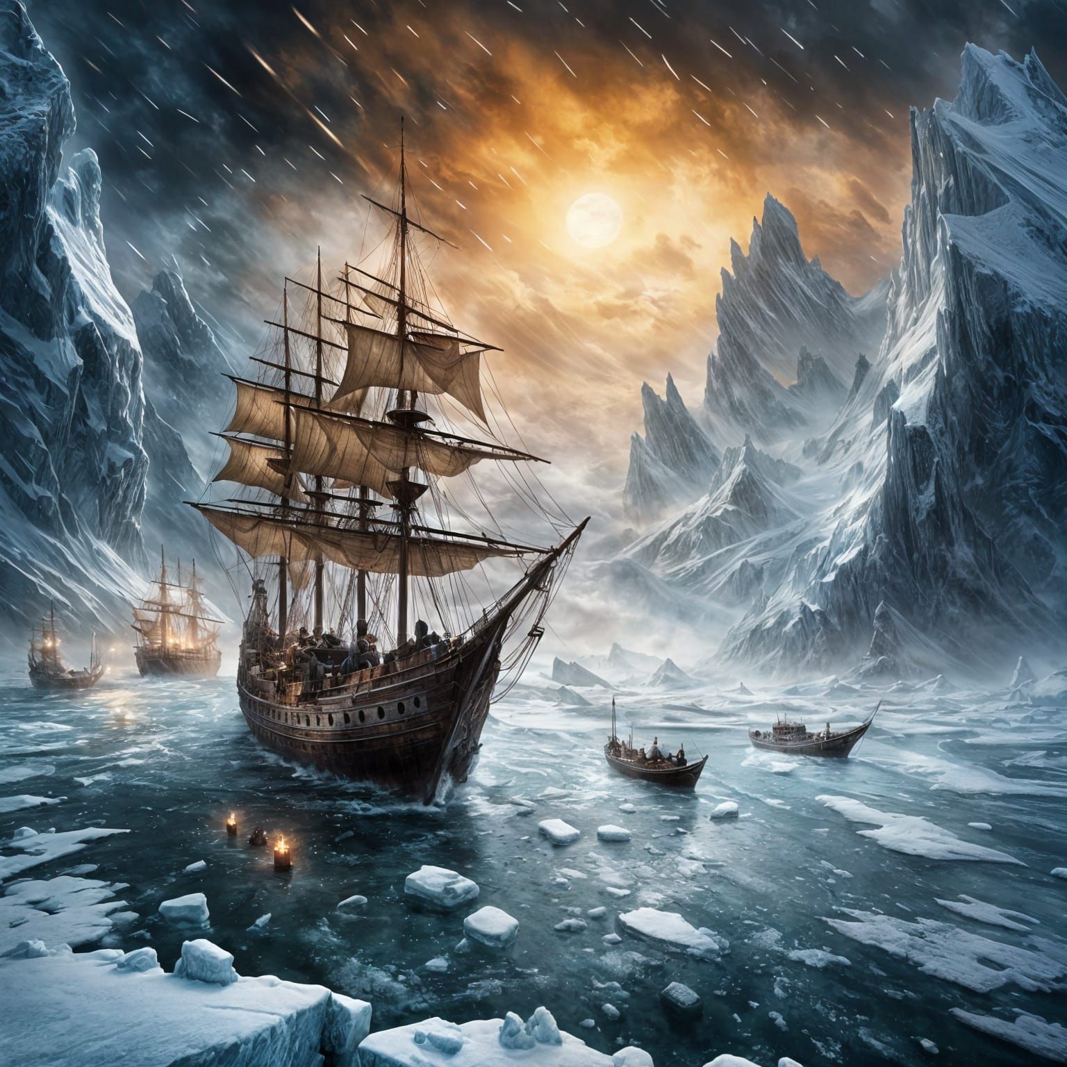 Frozen Fleet in Blizzard: Majestic Fantasy Art