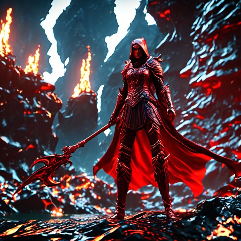 Red Witch Defies Demons on Seascape in 8K