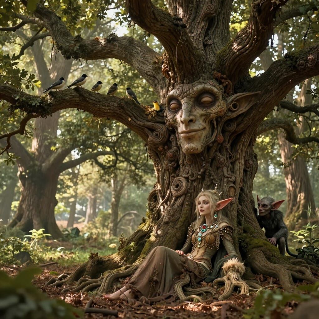 Ancient Oak Tree Springs to Life with Goblins and Birds