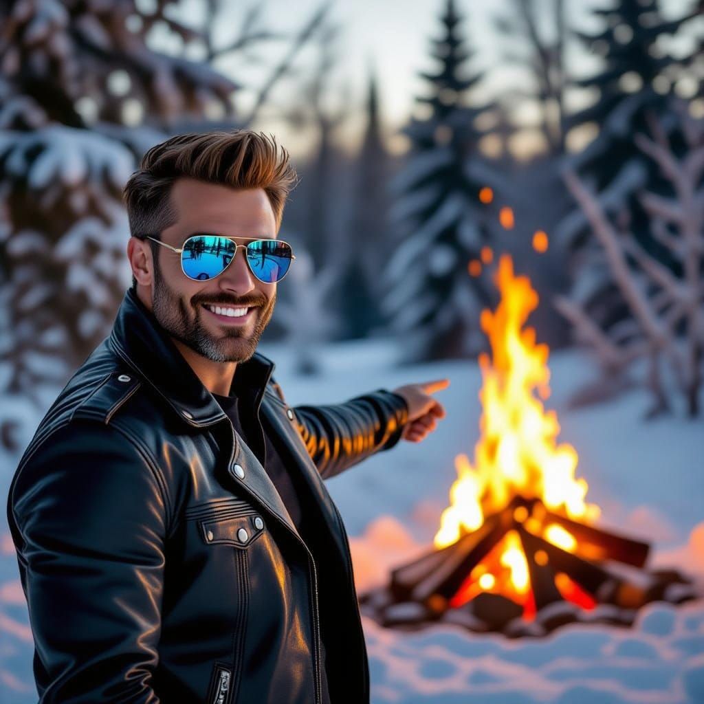 Confident Man in Aviator Sunglasses Surrounded by Winter Bon...