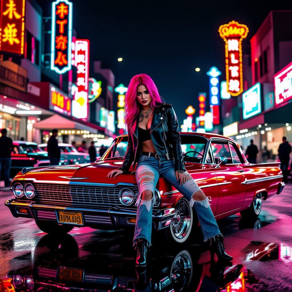 Tattooed Gangster Girl Poses With Lowrider Car