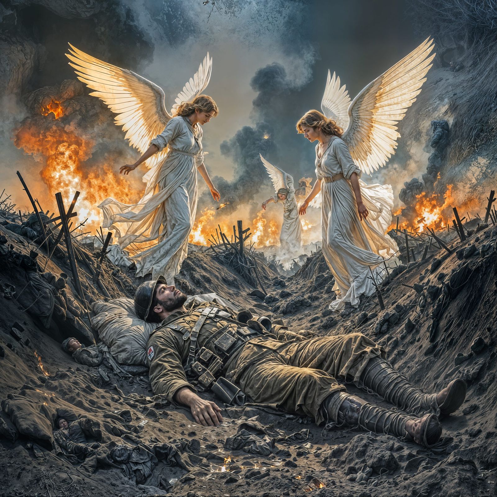 Angels Protect Soldier in Dark WWI Trench