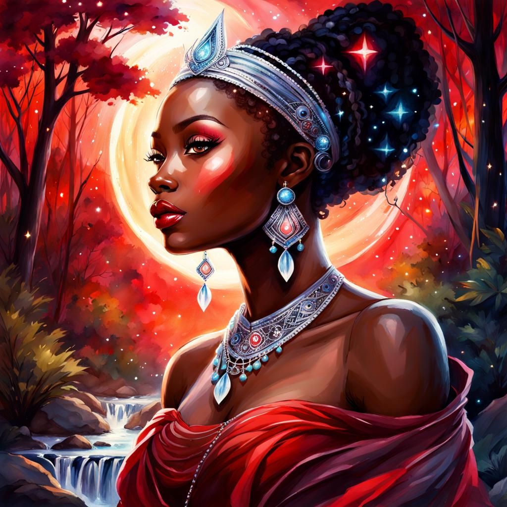 Magical African Princess Portrait in Watercolor Style