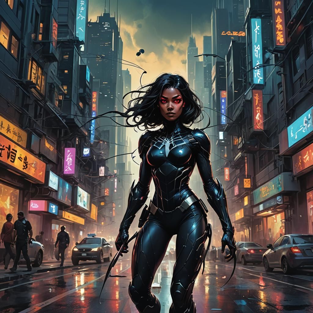 Futuristic Spider-Woman Patrolling City Street at Night