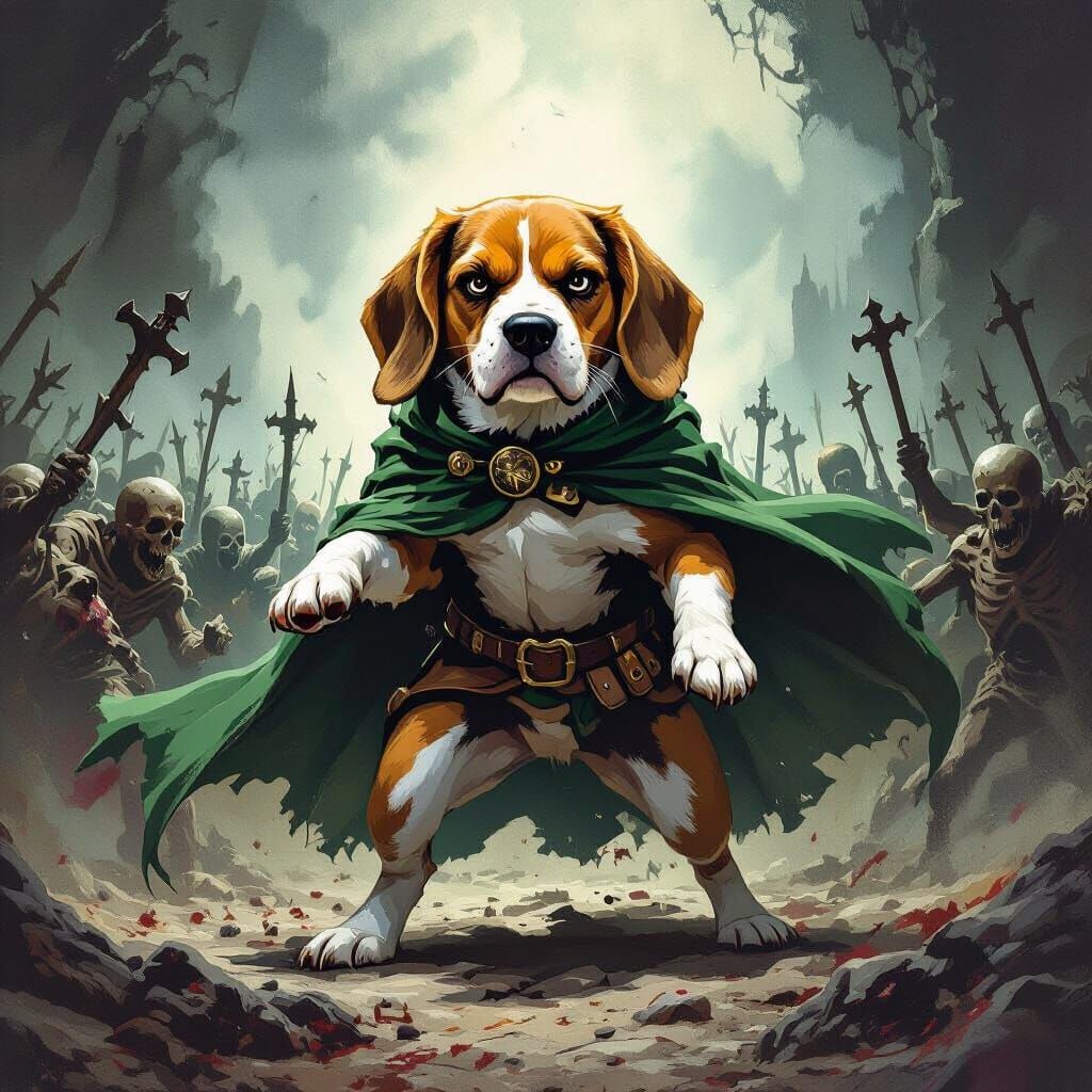 Beagle Ready to Battle Undead Horde in Dark Fantasy Style