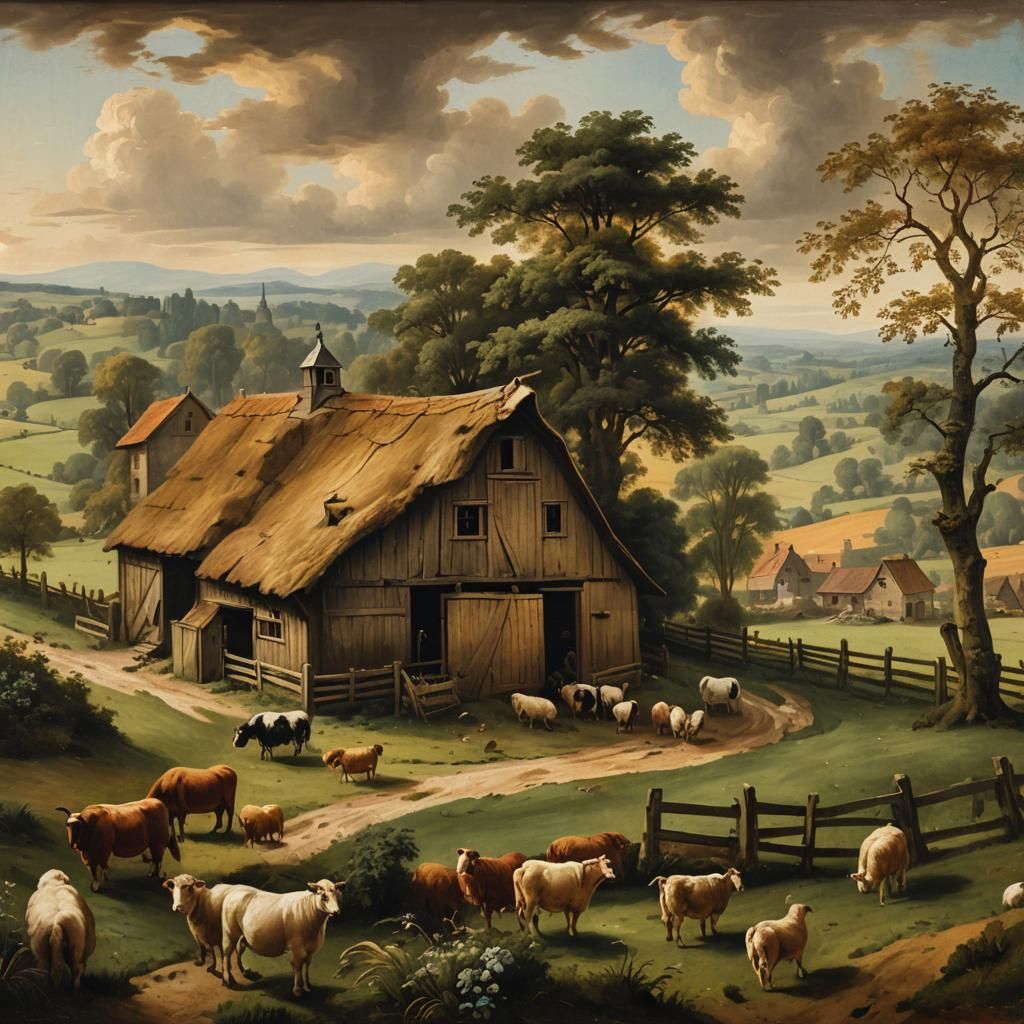 Farm Animals in Pasture as Dutch Golden Age Painting
